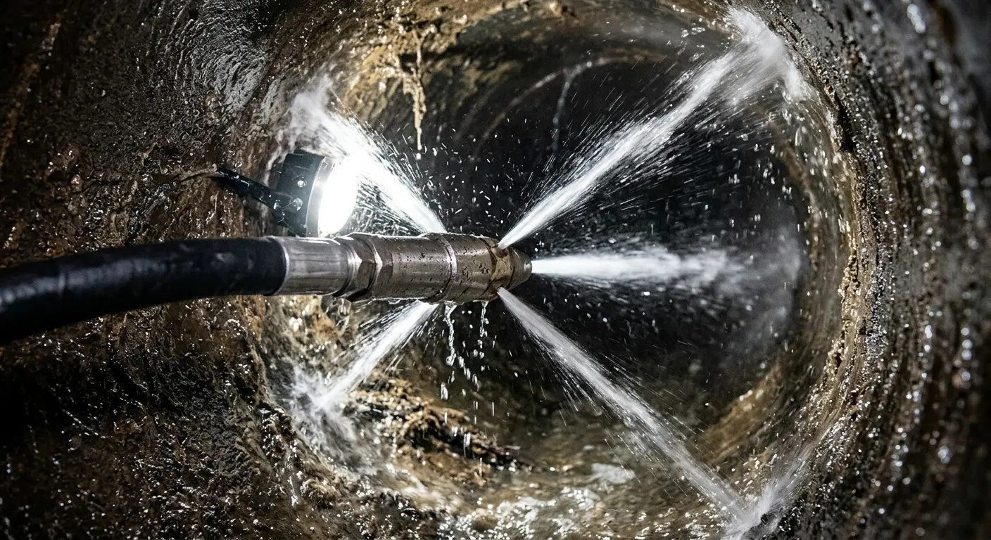 High-pressure hydro jetting nozzle cleaning sewer pipe for Trenchless Sewer Repair in Choctaw