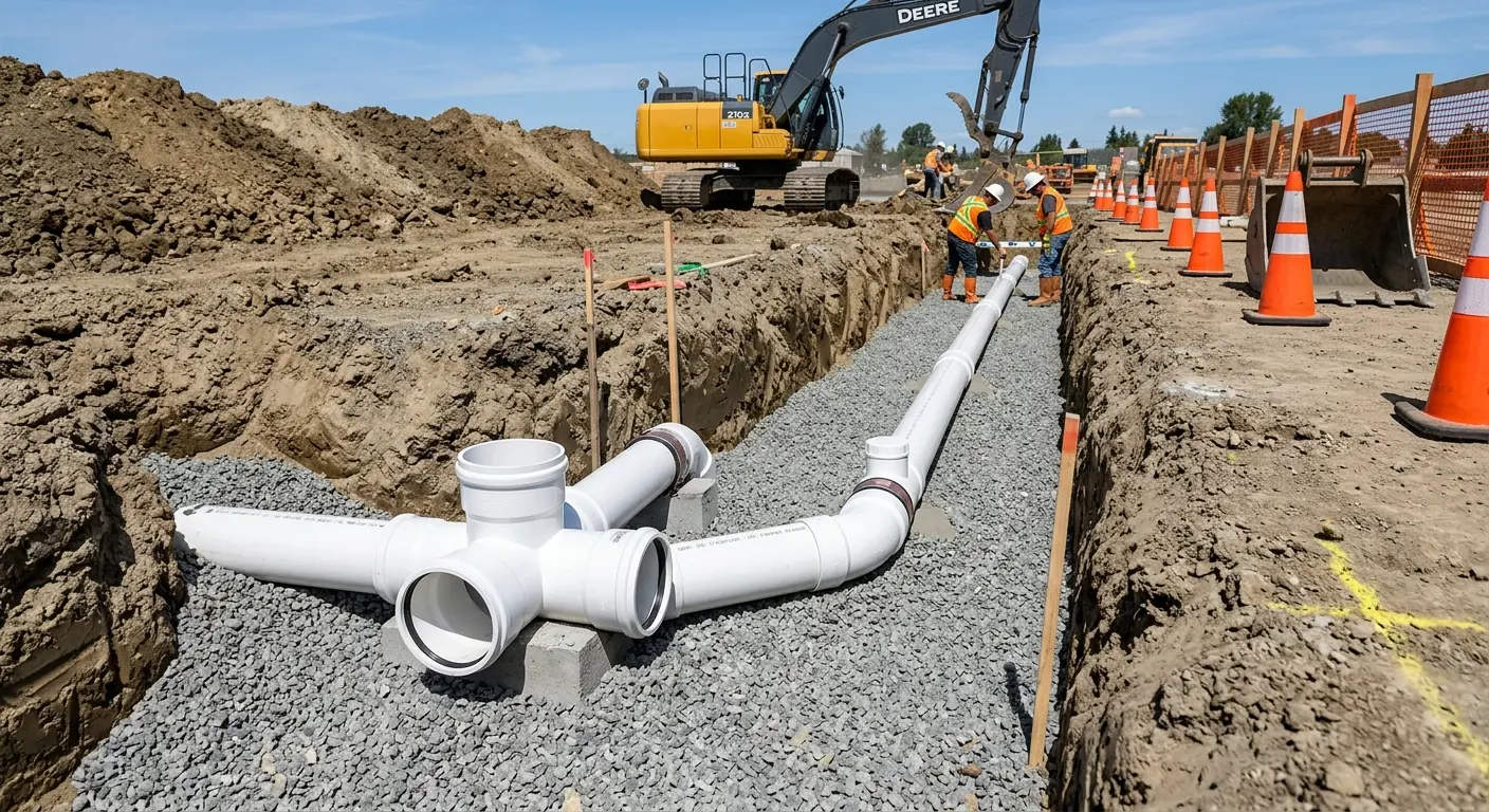 New PVC sewer pipe installation in open trench for Grease Trap Cleaning in Choctaw