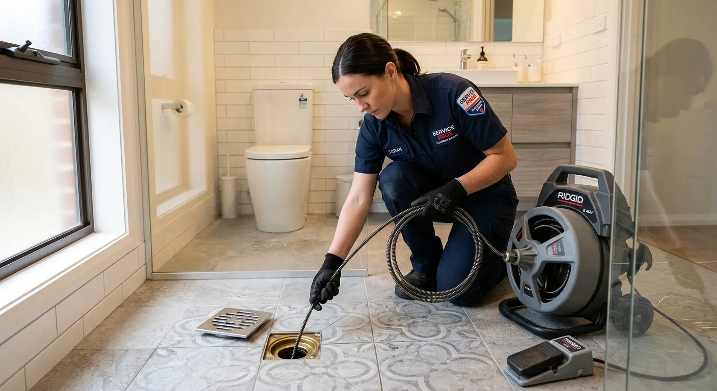 Technician clearing a bathroom floor drain for Sewer Line Installation in Choctaw